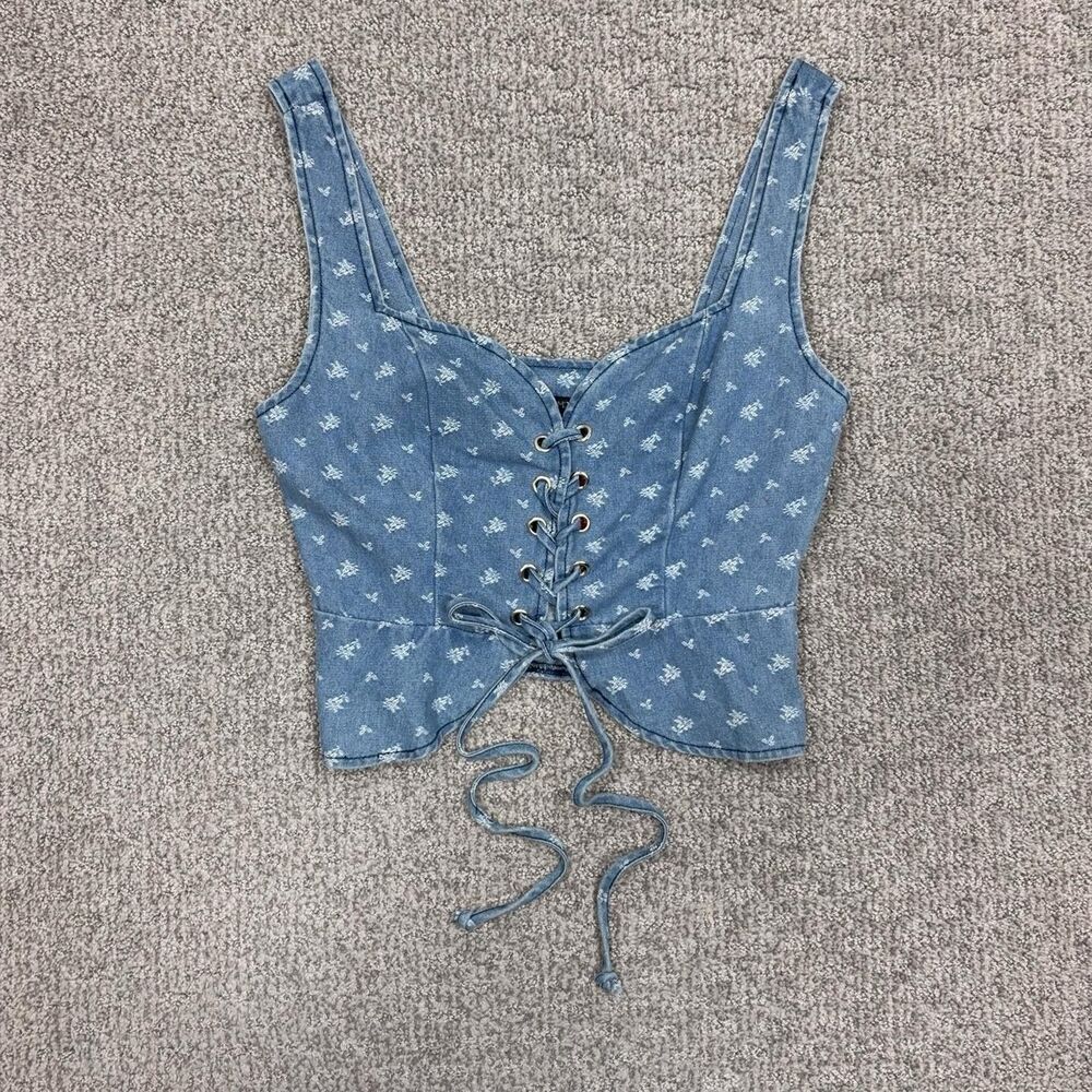Papermoon Corset Top Women Small Blue Denim Floral Lace Up Cropped Boho Festival